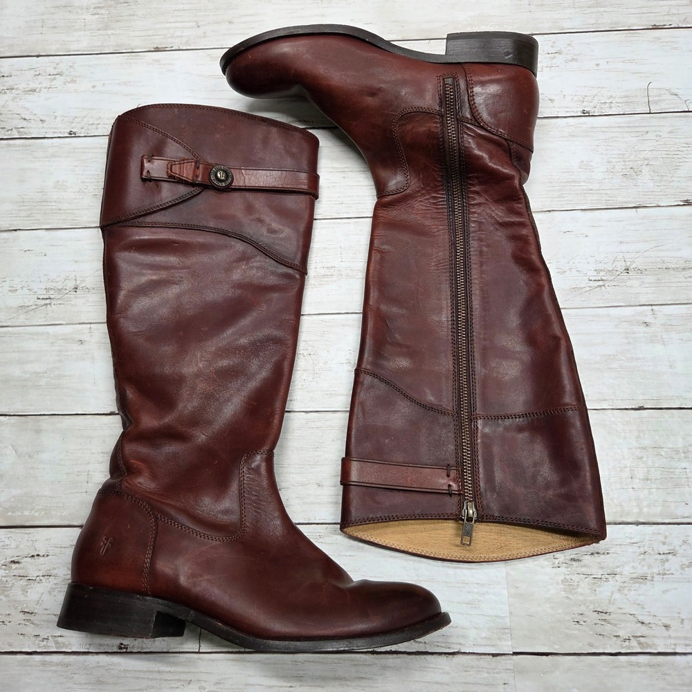 Frye Molly Button Tall Riding Boots Women 8B Redwood Brown Leather Side Zip